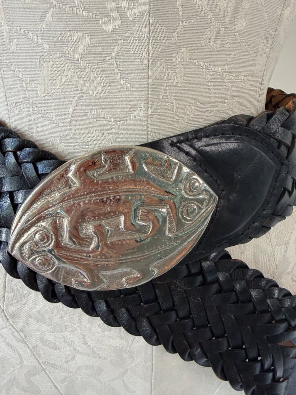 Handmade Womens Lizard Buckle Woven Leather Statement Belt One Size Vintage
